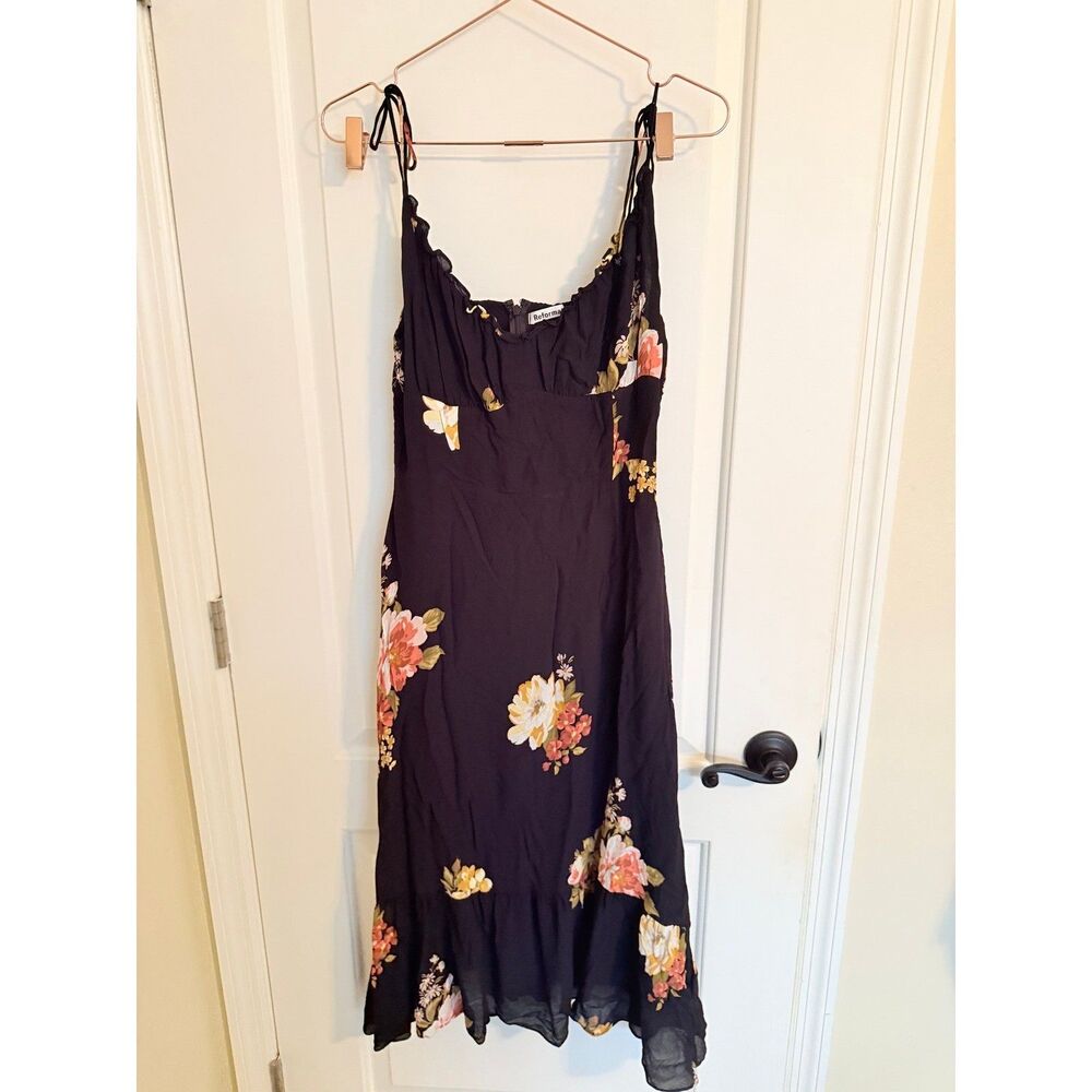 Reformation Dress Womens 12 Black Floral Juliette Tie Strap Ruffle Midi Viscose - Picture 4 of 9